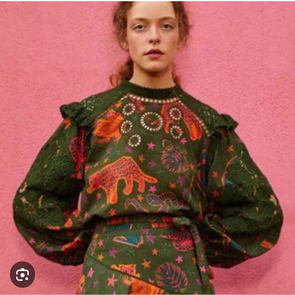 FARM Rio Green Blouse with Colorful Animal Print